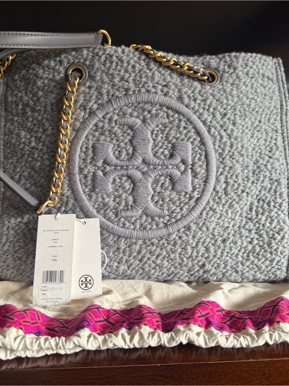 Tory Burch Ella Boucle Chain Gray Logo Tote Bag